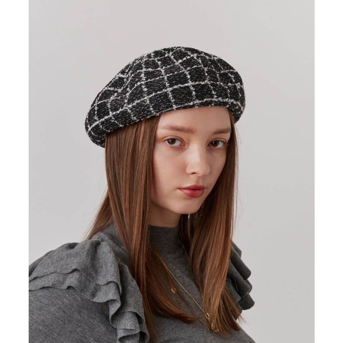 シャポー ド オー Chapeau d'O Chapeau d' O TM Check Tweed Beret / シャポードオー (BLACK (01)) BLACK (01)