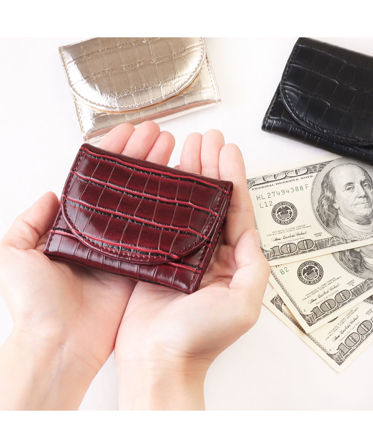 カッズセレクト KAZZU SELECT ミニ財布 メンズ レディース クロコ型押し 三つ折り財布 コンパクト 手のひらサイズ 小さめ MNー8019