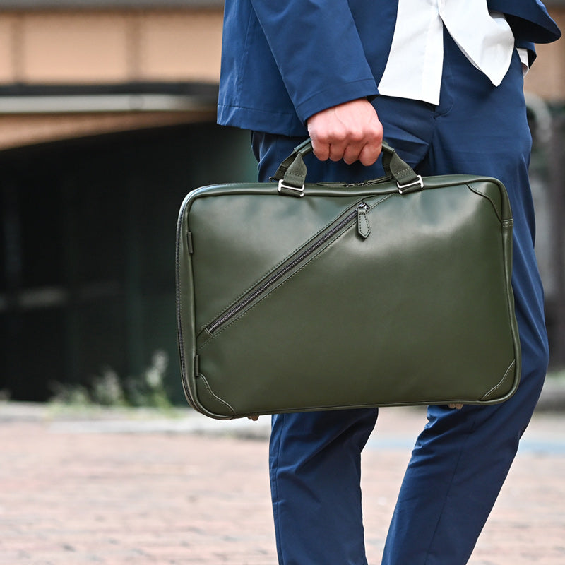 ザリオ ZARIO ビジネスリュック メンズ ビジネスバッグ バッグ 新社会人 リアルレザー 自立型 薄マチ 就活 本革 ブリーフケース 底鋲 A4 B4 2w (グリーン) グリーン