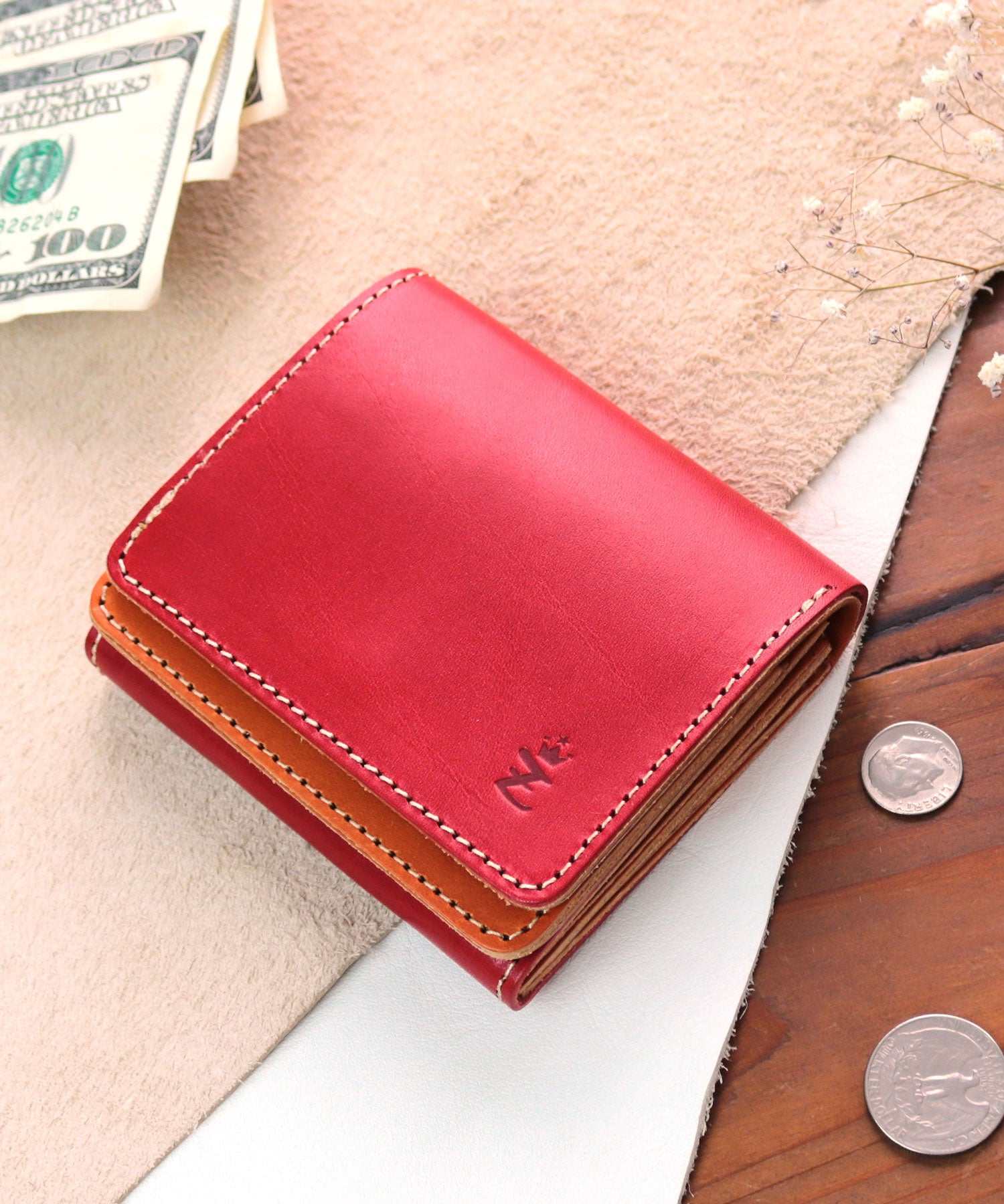 ザリオグランデ ZARIO-GRANDEE- 財布 メンズ 二つ折り 本革 牛革 栃木レザー 日本製 二つ折り財布 ダブルフラップ バイカラーデザイン  (レッド×キャメル) レッド×キャメル