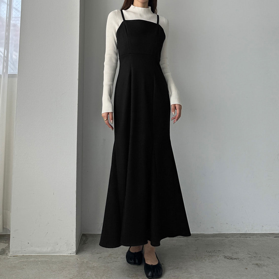 ルエレ Louere Louere ウォームマーメイドリボンキャミワンピース【秋冬もっちり素材】,ブラック