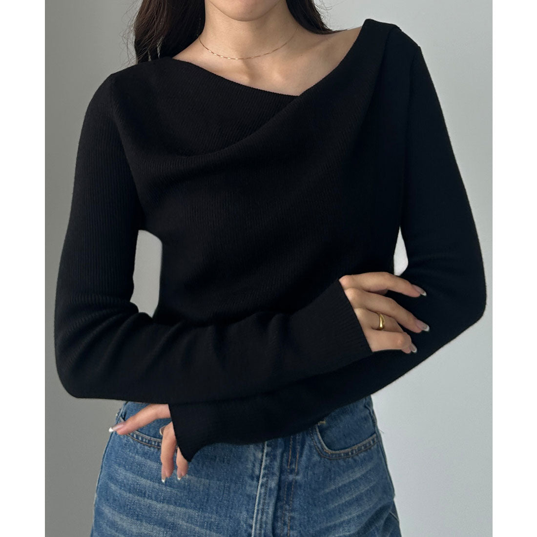 ルエレ Louere Louere 薄手ドレープリブニットトップス (ブラック) ブラック