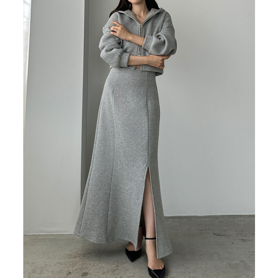 ルエレ Louere Louere 裏起毛スウェットショートパーカー+スリットマーメイドスカートSET (杢グレー) 杢グレー