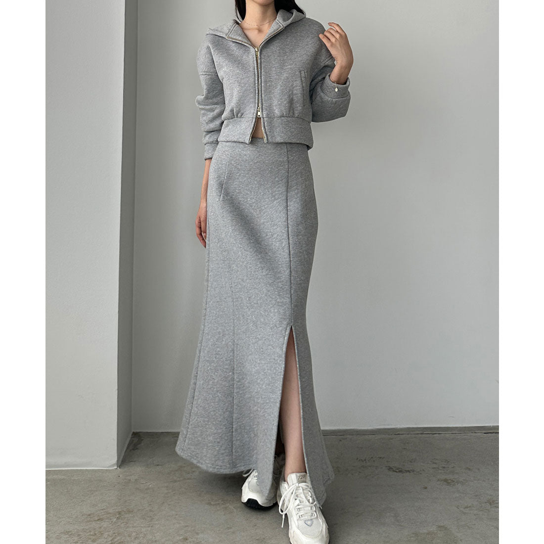 ルエレ Louere Louere 裏起毛スウェットショートパーカー+スリットマーメイドスカートSET (杢グレー) 杢グレー