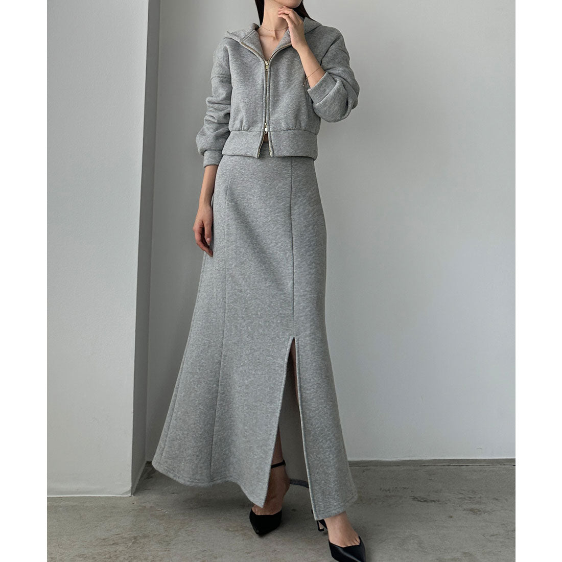 ルエレ Louere Louere 裏起毛スウェットショートパーカー+スリットマーメイドスカートSET (杢グレー) 杢グレー