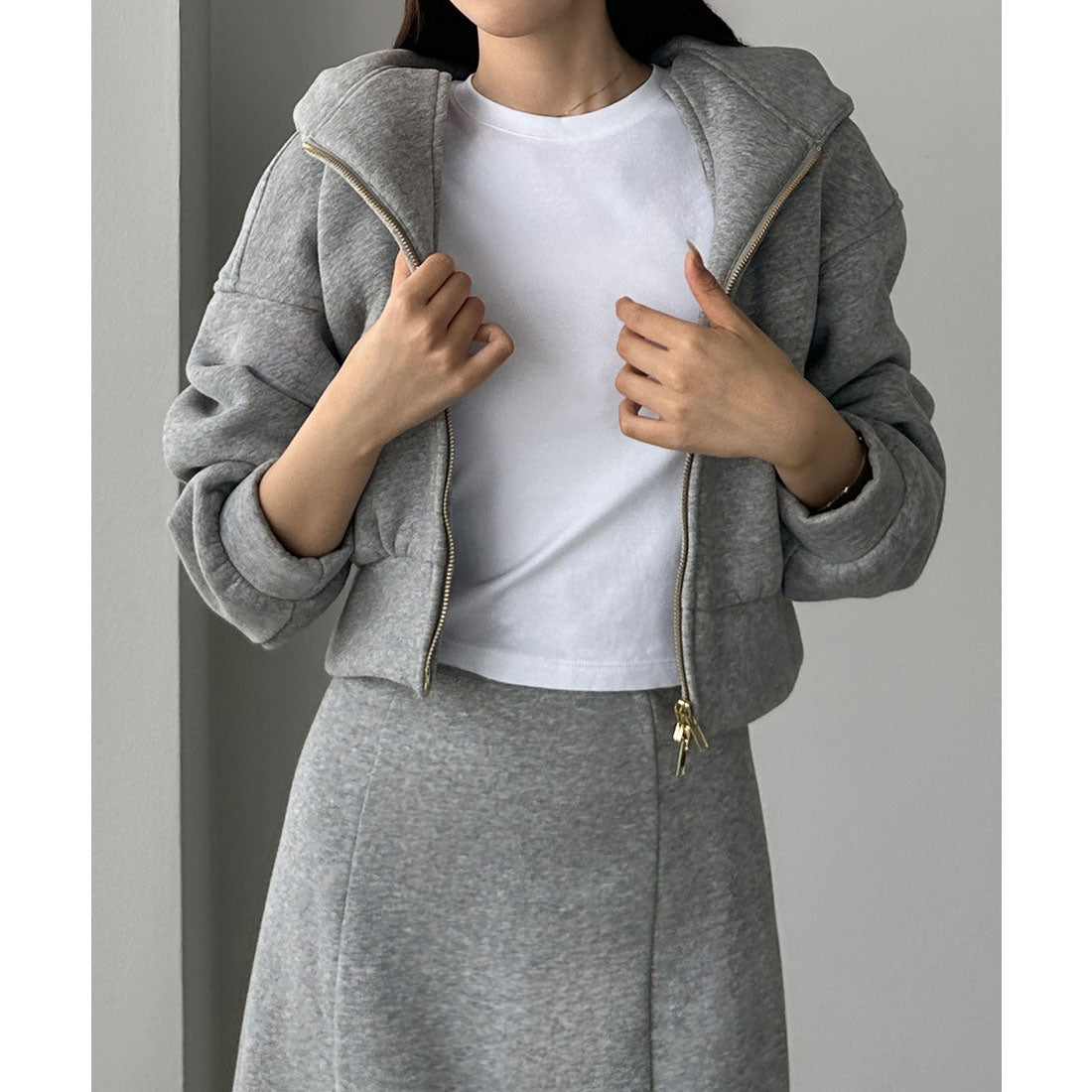 ルエレ Louere Louere 裏起毛スウェットショートパーカー+スリットマーメイドスカートSET (杢グレー) 杢グレー