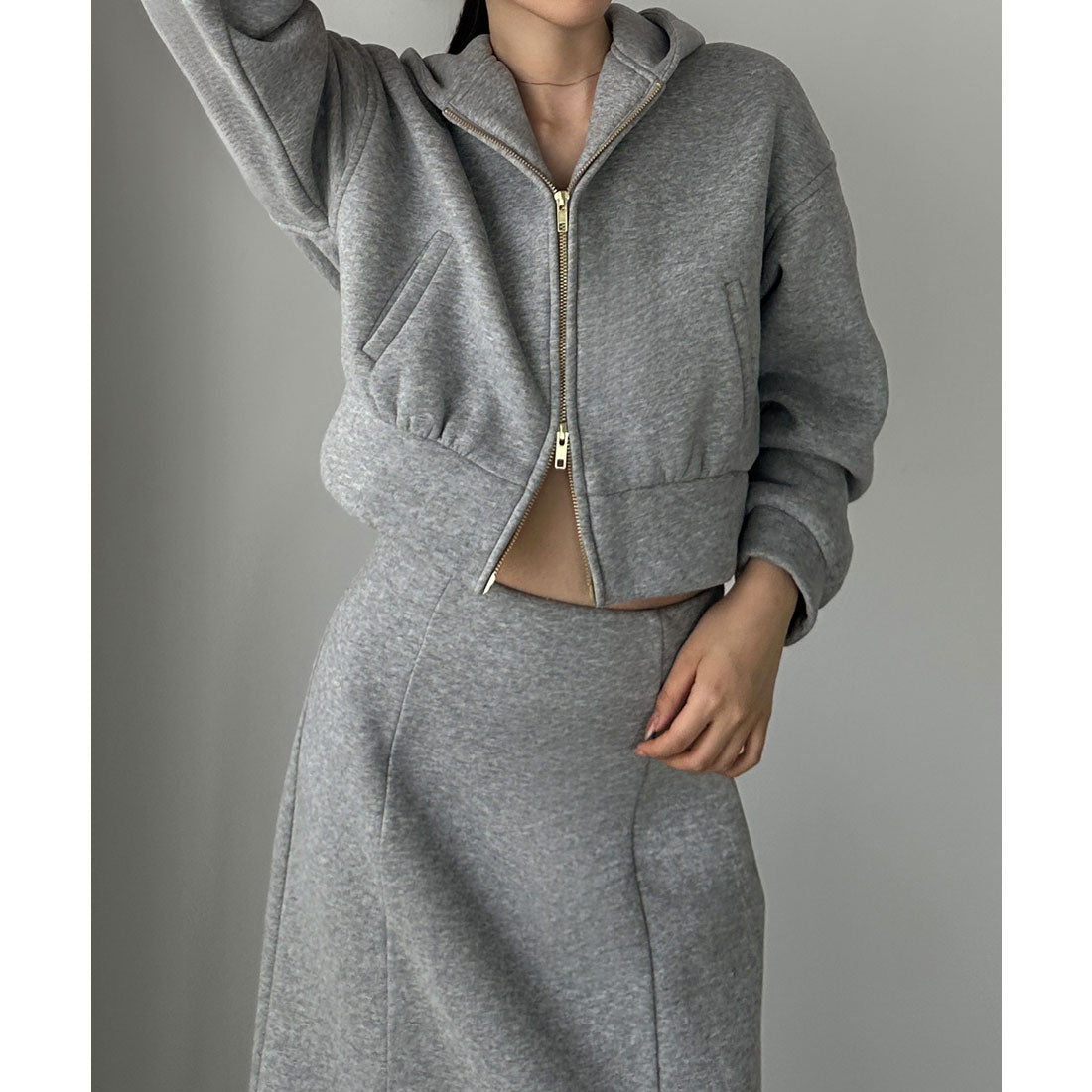 ルエレ Louere Louere 裏起毛スウェットショートパーカー+スリットマーメイドスカートSET (杢グレー) 杢グレー
