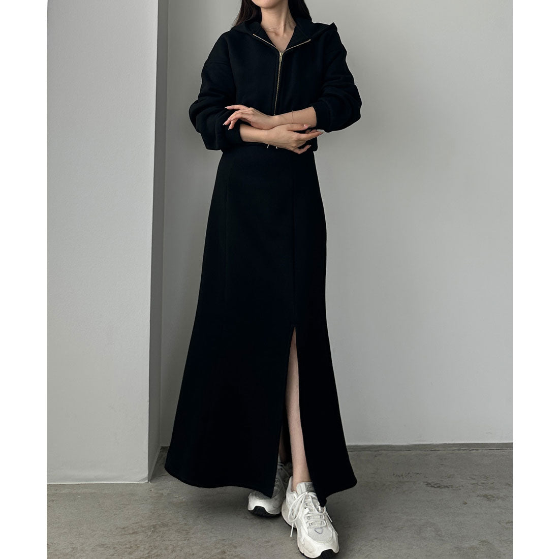 ルエレ Louere Louere 裏起毛スウェットショートパーカー+スリットマーメイドスカートSET (ブラック) ブラック