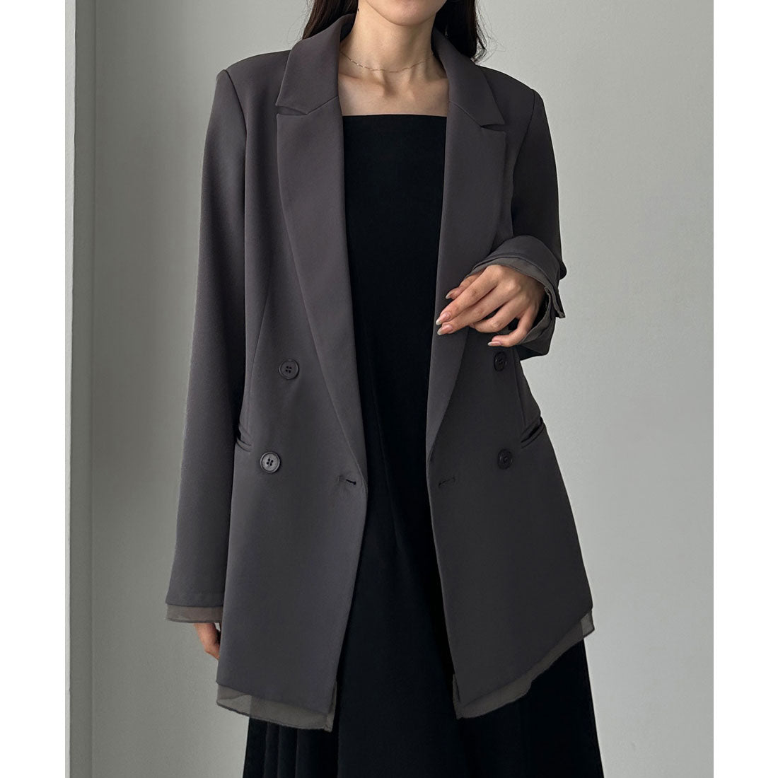 ルエレ Louere Louere 【肩パット入り】ヘムシアーレイヤードテーラードジャケット (ダークグレー) ダークグレー