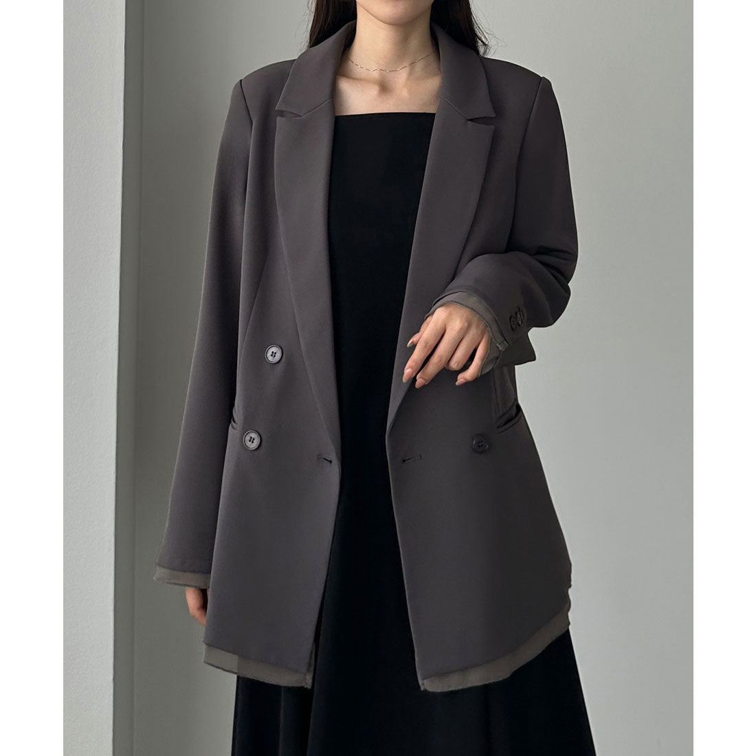 ルエレ Louere Louere 【肩パット入り】ヘムシアーレイヤードテーラードジャケット (ダークグレー) ダークグレー