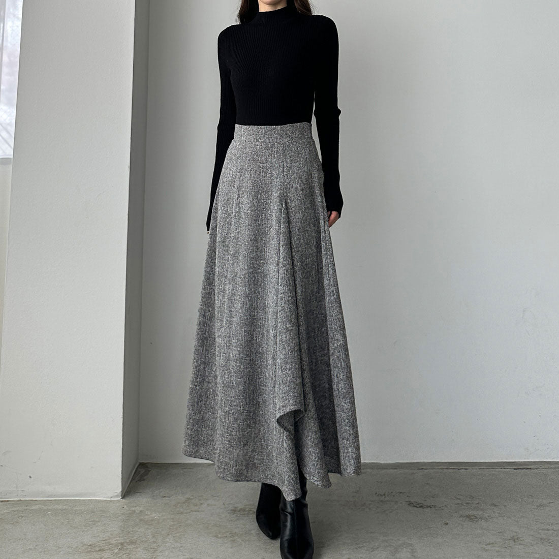 ルエレ Louere Louere ツイードハイウエストラッフルフレアスカート,グレー