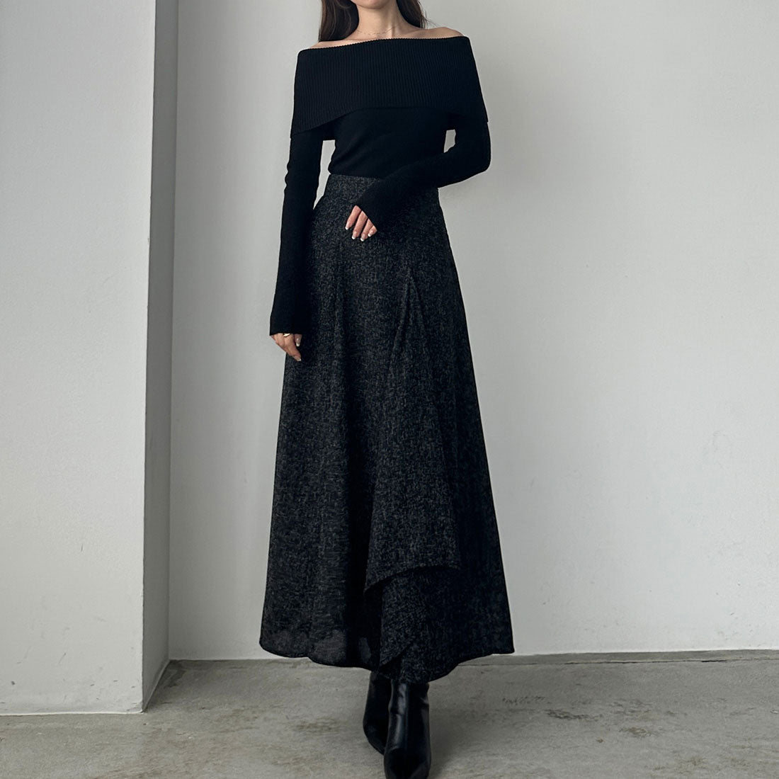 ルエレ Louere Louere ツイードハイウエストラッフルフレアスカート,ブラック