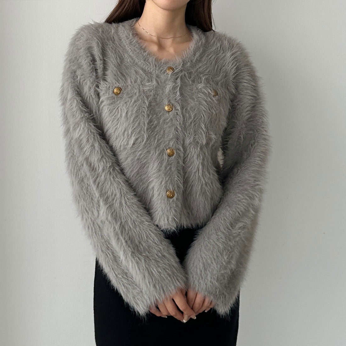 ルエレ Louere Louere ゴールドボタンシャギーニットカーディガン