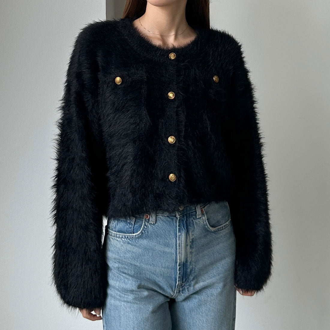 ルエレ Louere Louere ゴールドボタンシャギーニットカーディガン