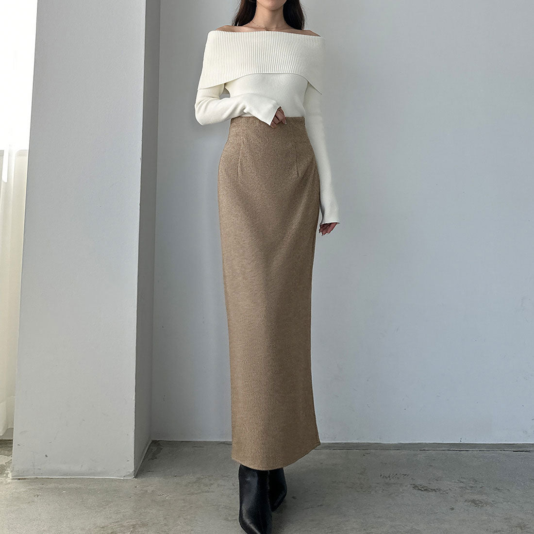 Louere Louere High Waist Herringbone Back Slit Pencil Skirt