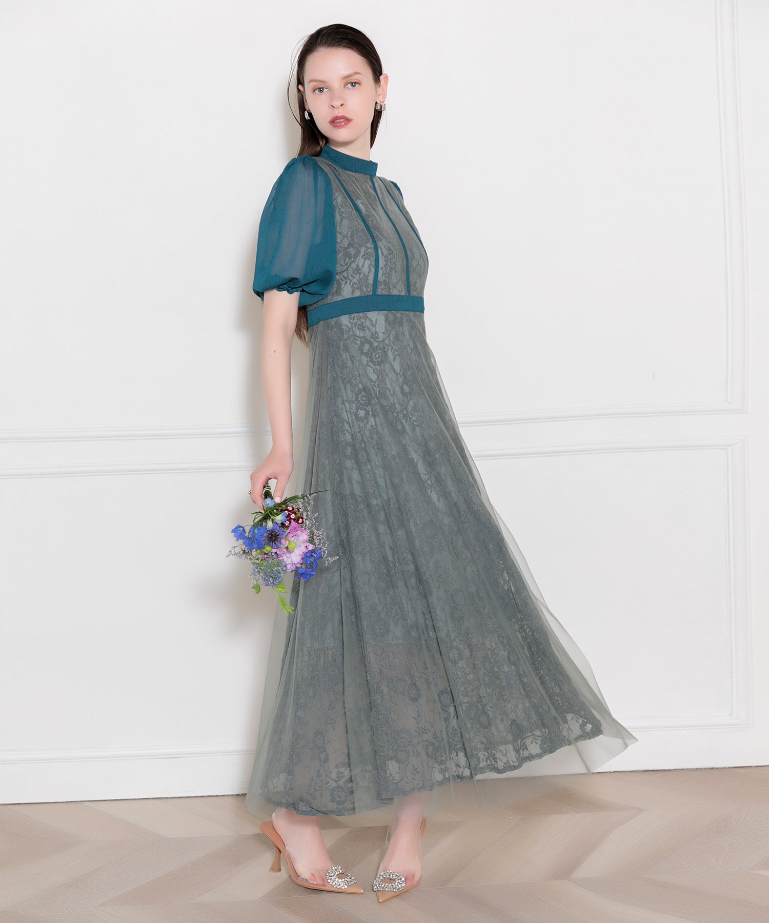 Leja - Beautiful legs effect, high waist, tulle lace switching dress, one piece, wedding, party dress, coming of age ceremony, 20s, 30s, 40s