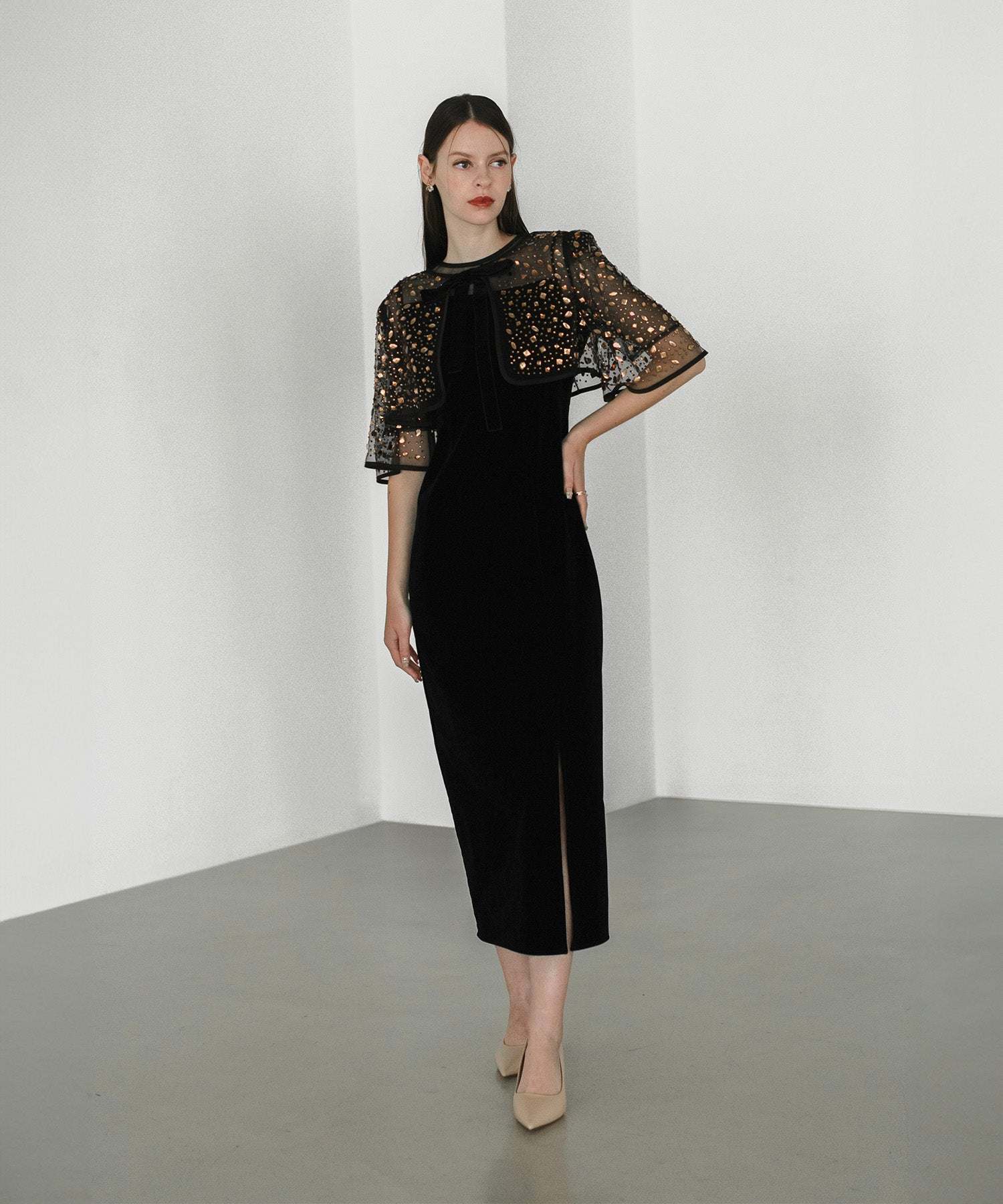 レジャ Leja ビジューストーンボレロベロアスリットIラインドレスワンピース美脚効果結婚式 パーティードレス 成人式 20代 30代 40代