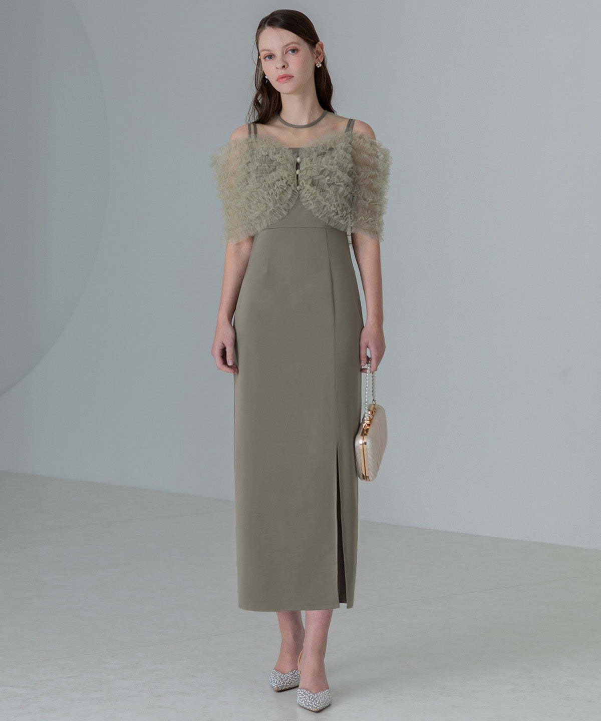 レジャ Leja 蕾絲荷葉邊背心I型連衣裙美腿效果婚禮 派對裙 成人式 20代 30代 40代