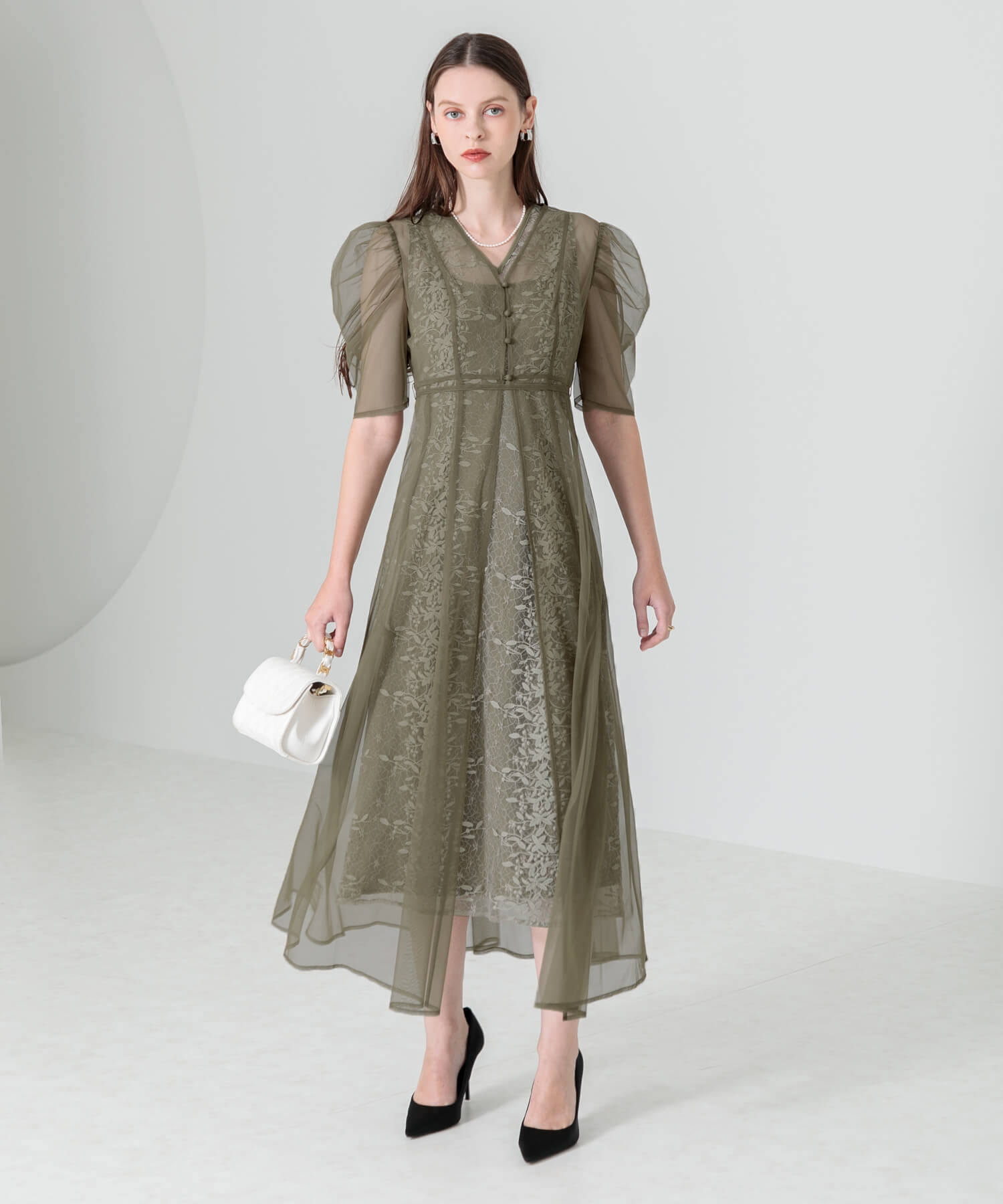 LAJA ワンピース セール】【LEJA】2WAY花柄リボンドットストーンIラインドレス