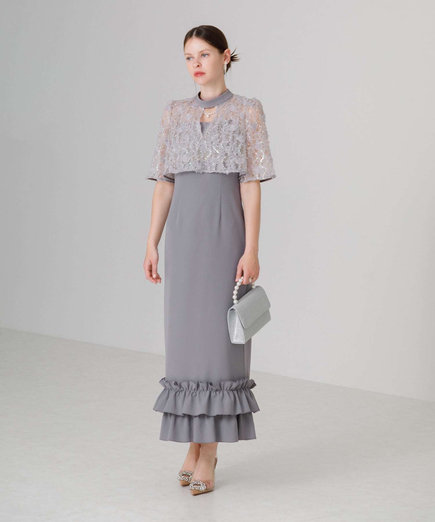 Leja Flower Sequin Tulle Ruffle I-Line Dress One-Piece Beautiful Leg E