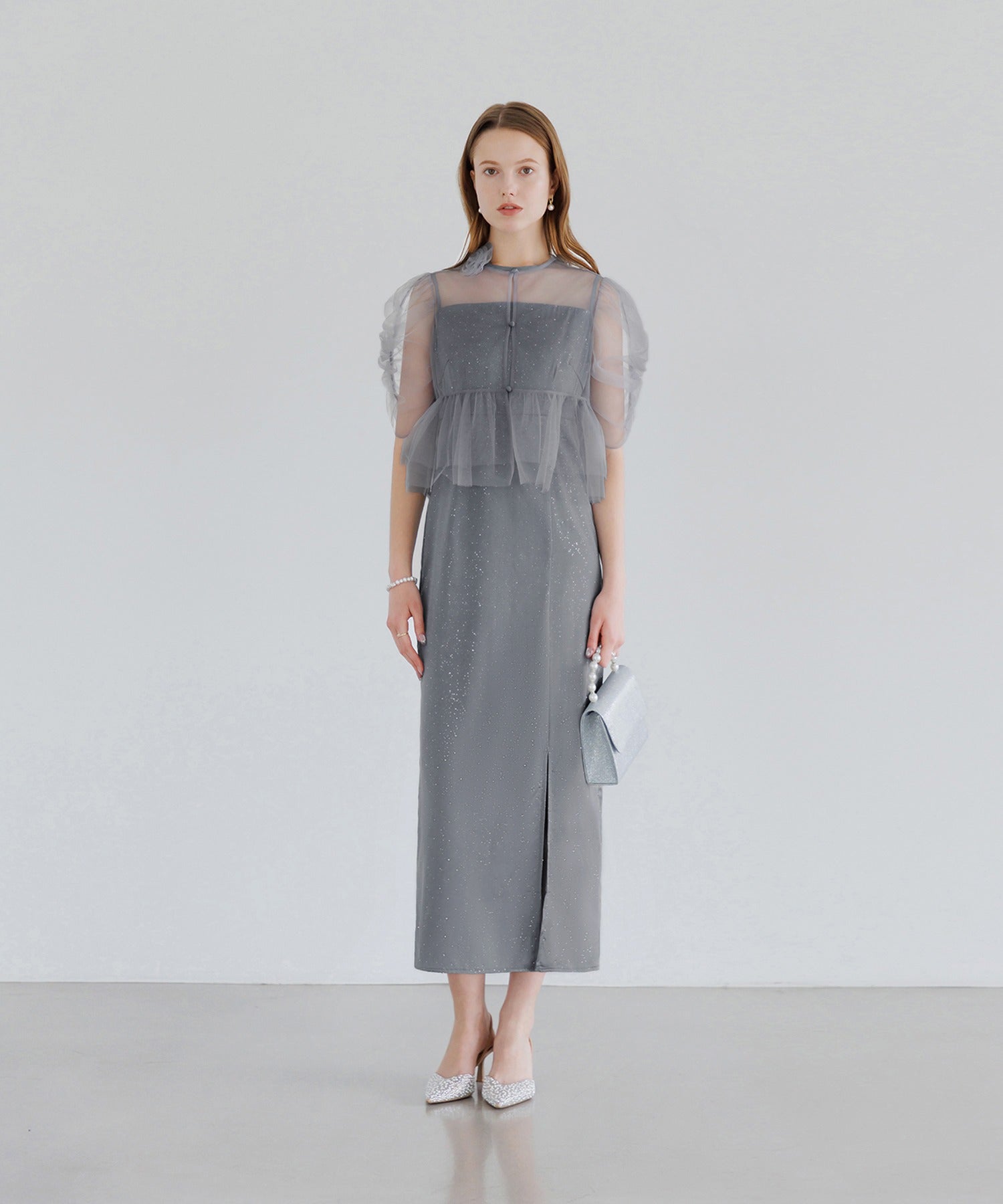 Leja Tulle Flower Motif Dot Stone I-Line Dress One-Piece 2