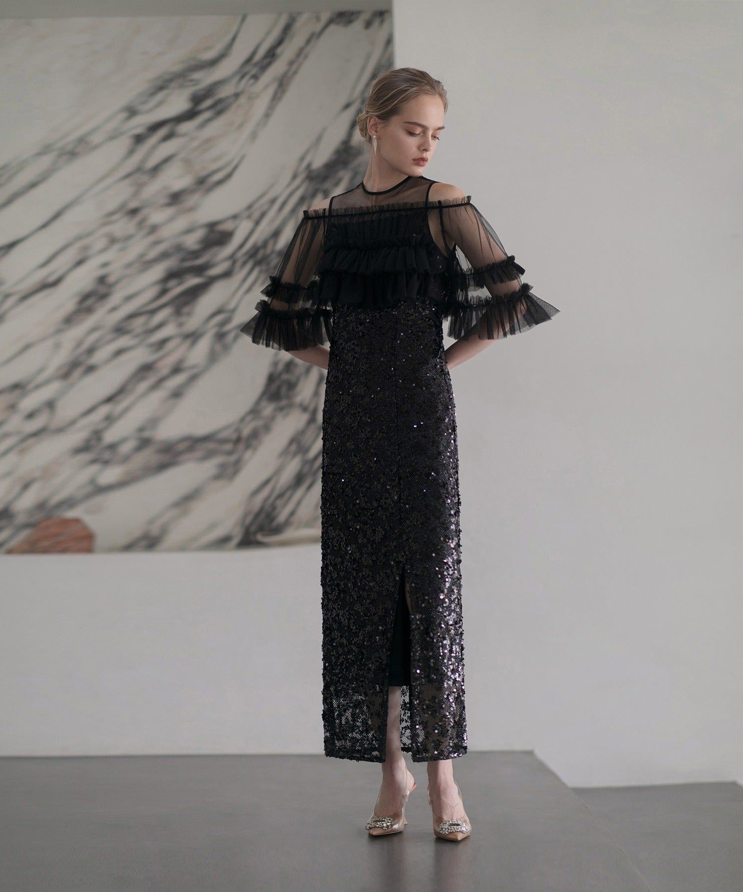 チュールオフショルダー花柄Iラインドレス結婚式パーティー二次会成人