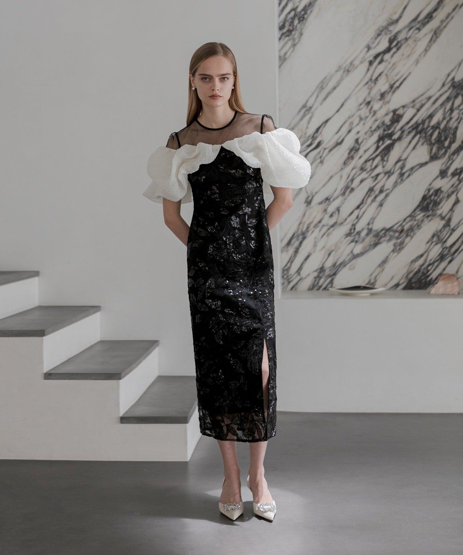 Leja ドレス Leisure Leja Jacquard Volume Sleeve Sequin I-line Dress Beautiful Leg