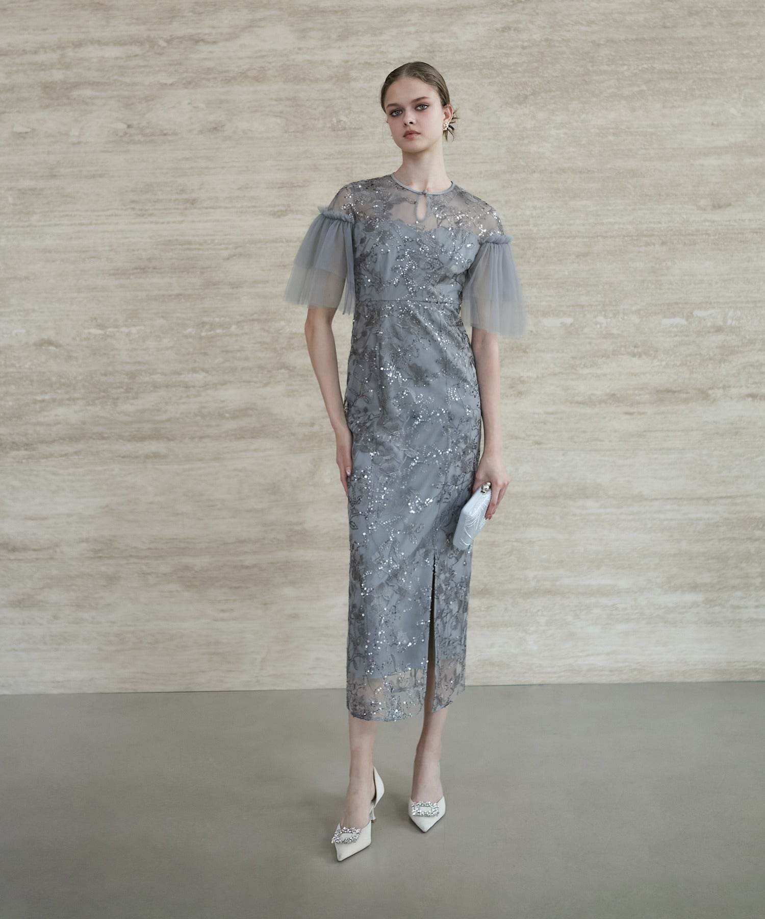 レジャ Leja フラワースパンコールチュールスリーブIラインドレスワンピース美脚効果結婚式 パーティードレス 成人式 二次会 同窓会 お呼ばれ オケージョン 20代 30代 40代 (GRAY) GRAY