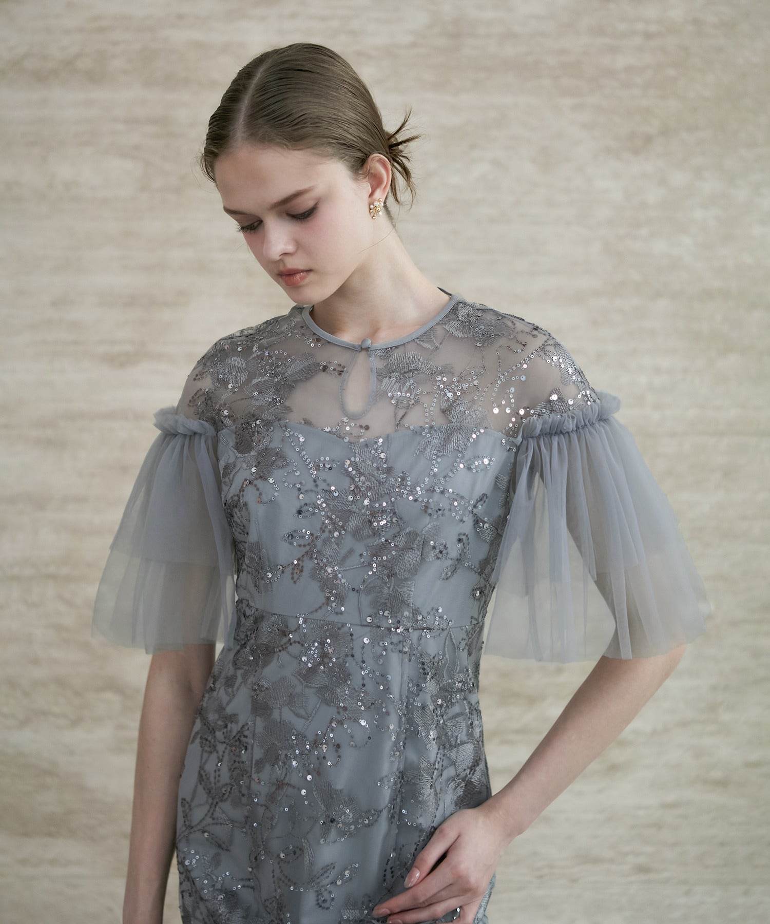 レジャ Leja フラワースパンコールチュールスリーブIラインドレスワンピース美脚効果結婚式 パーティードレス 成人式 二次会 同窓会 お呼ばれ オケージョン 20代 30代 40代 (GRAY) GRAY