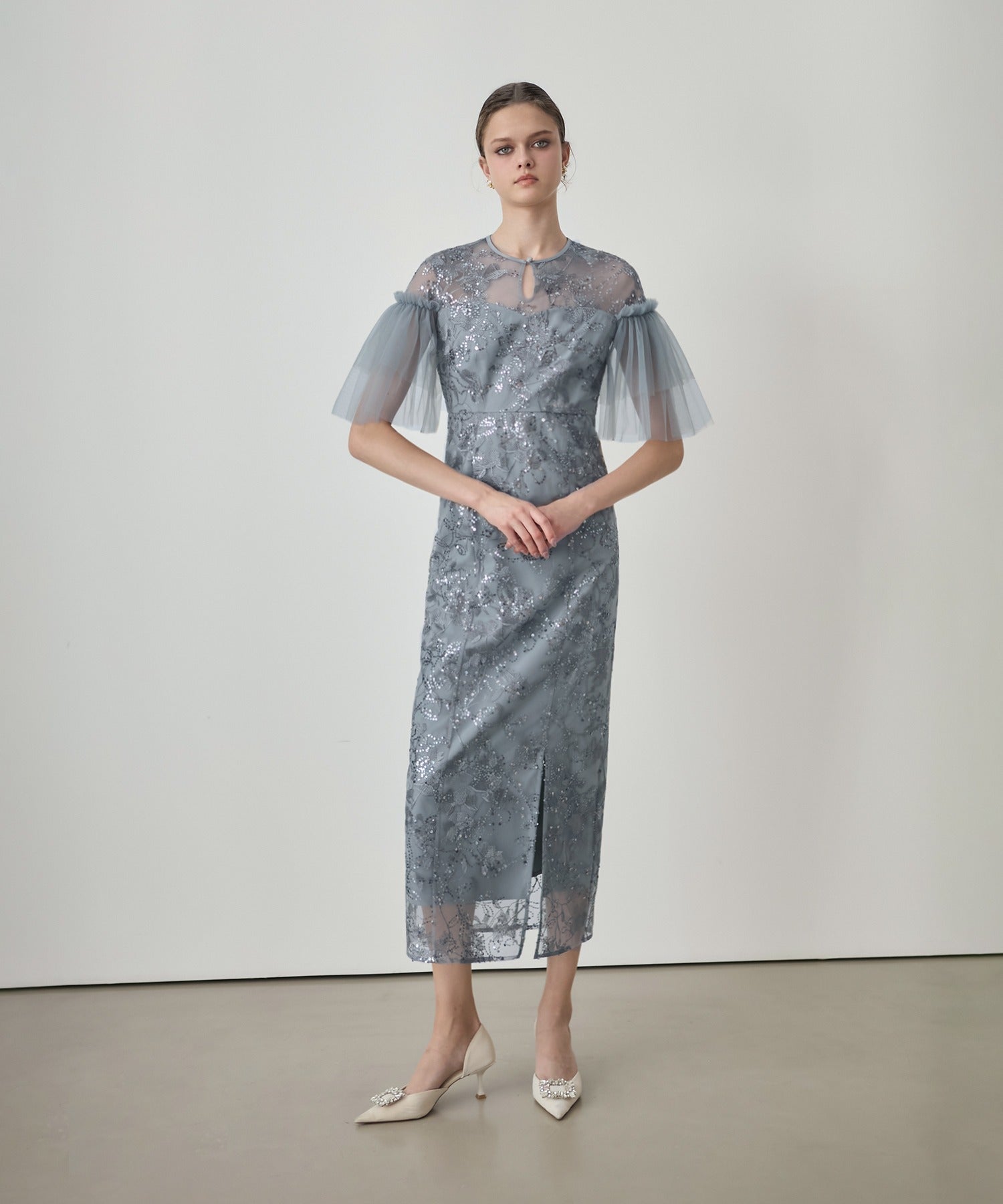 レジャ Leja フラワースパンコールチュールスリーブIラインドレスワンピース美脚効果結婚式 パーティードレス 成人式 二次会 同窓会 お呼ばれ オケージョン 20代 30代 40代 (GRAY) GRAY