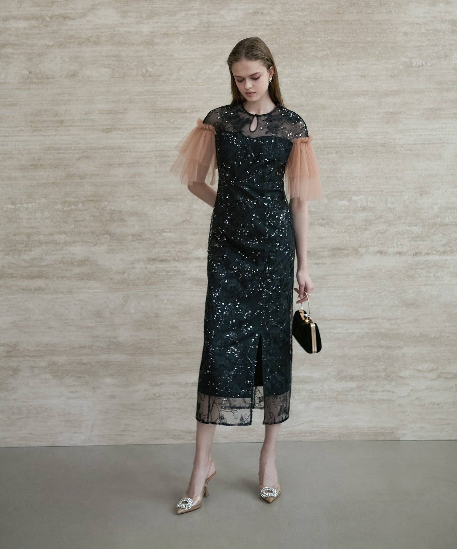 レジャ Leja フラワースパンコールチュールスリーブIラインドレスワンピース美脚効果結婚式 パーティードレス 成人式 二次会 同窓会 お呼ばれ オケージョン 20代 30代 40代 (BLACK) BLACK
