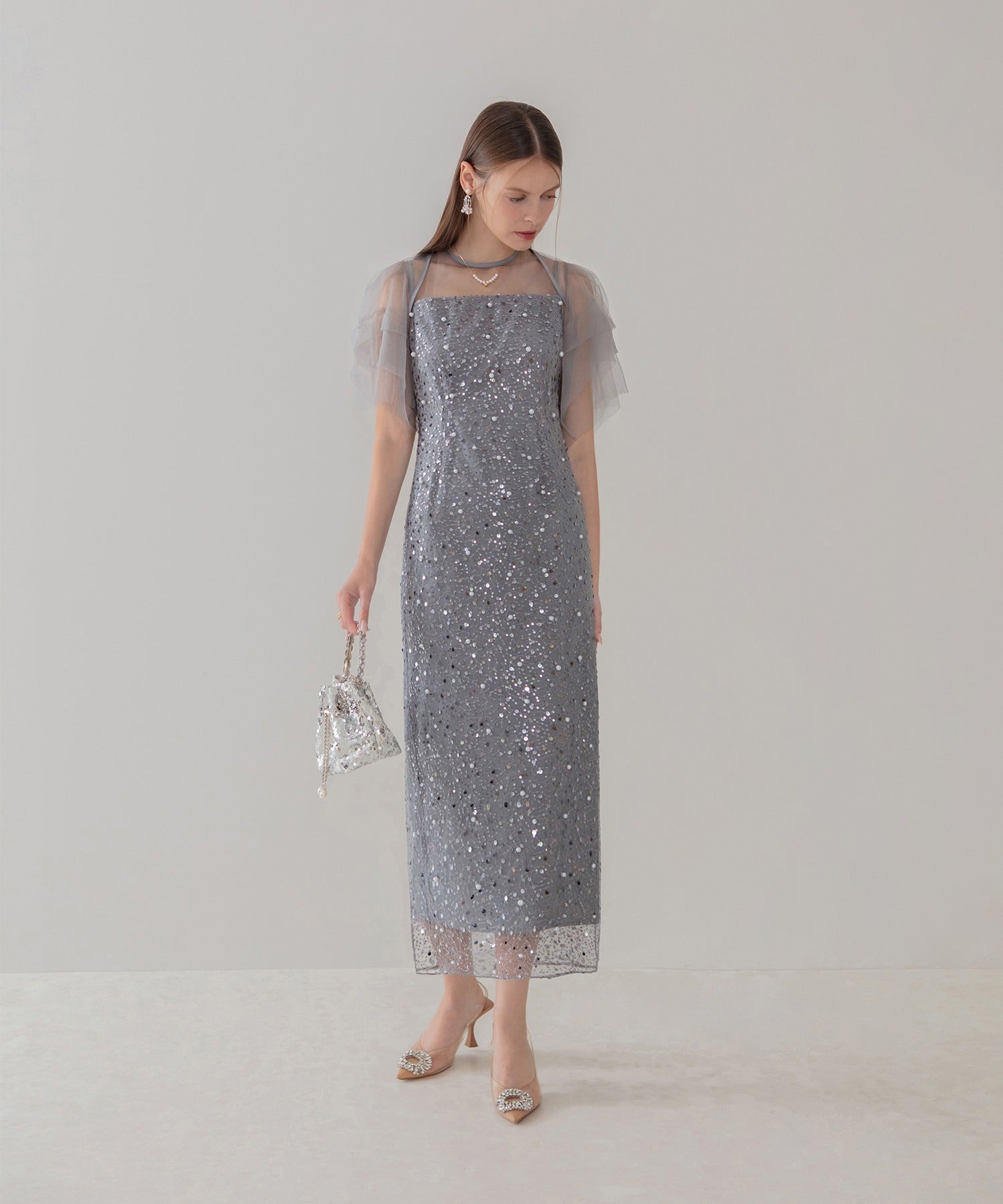 Leja Sequin Pearl Mix Bolero I-Line One-Piece Dress 2-Piece Set Beauti