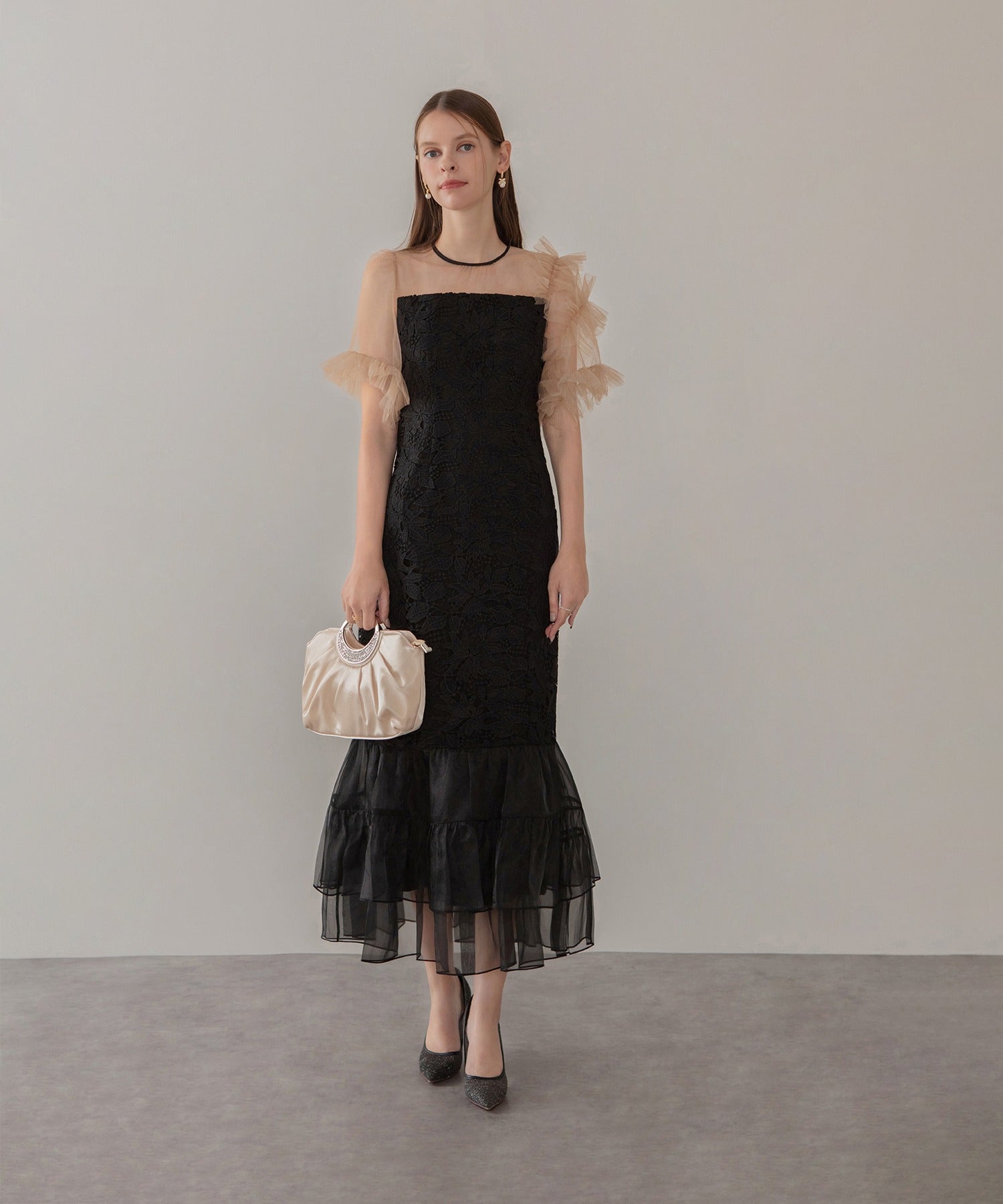 レジャ Leja アシンメトリーチュールスリーブレースフリルヘムIラインワンピースドレス美脚効果結婚式 パーティードレス 成人式 二次会 同窓会 お呼ばれ オケージョン 20代 30代 40代 (BLACK) BLACK