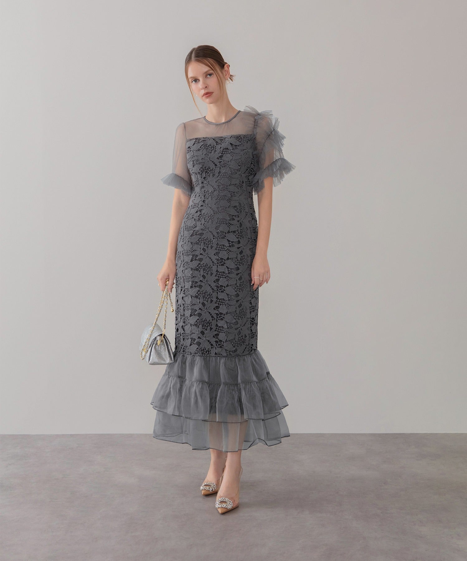 レジャ Leja アシンメトリーチュールスリーブレースフリルヘムIラインワンピースドレス美脚効果結婚式 パーティードレス 成人式 二次会 同窓会 お呼ばれ オケージョン 20代 30代 40代 (GRAY) GRAY