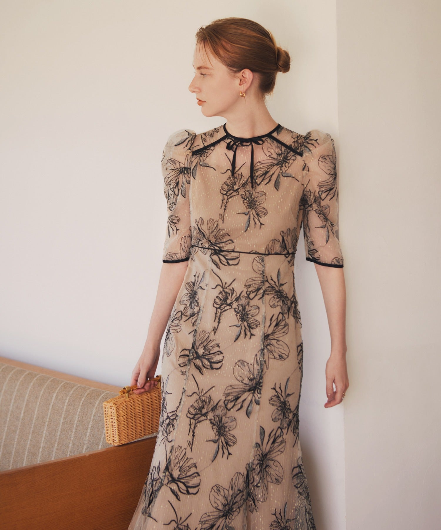 floral dress long back short front Leja Leisure Short Sleeve Floral Embroidery Lace Front Back Ribbon Puff Sleeve Mermaid Flare Long Dress