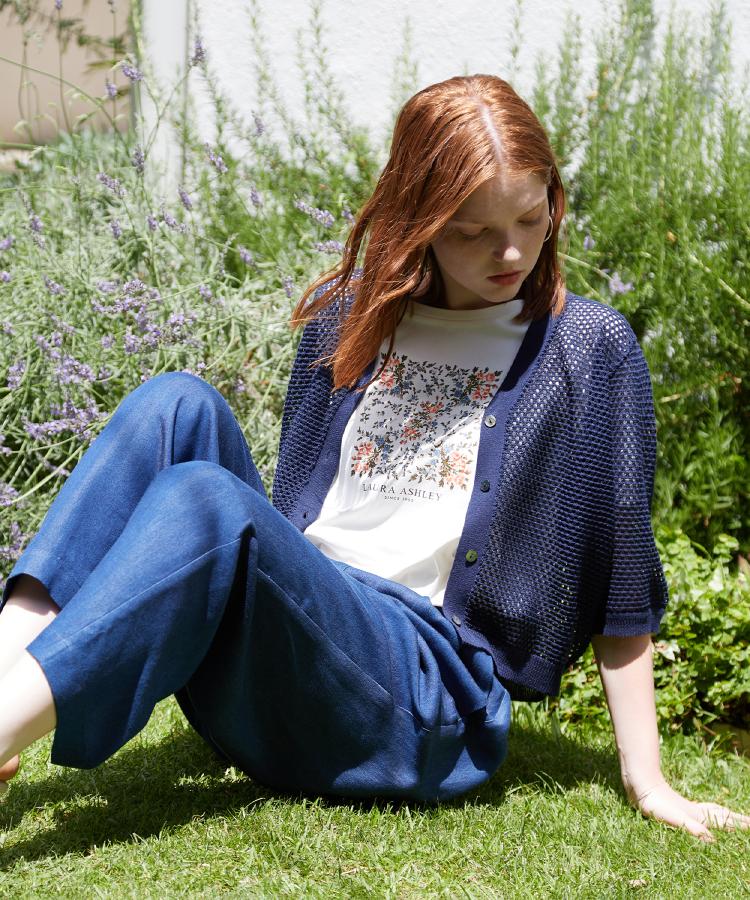 ローラ アシュレイ LAURA ASHLEY 【リネン混/体型カバーにおすすめ】フィッシュネット カーディガン (ネイビー(094)) ネイビー(094)