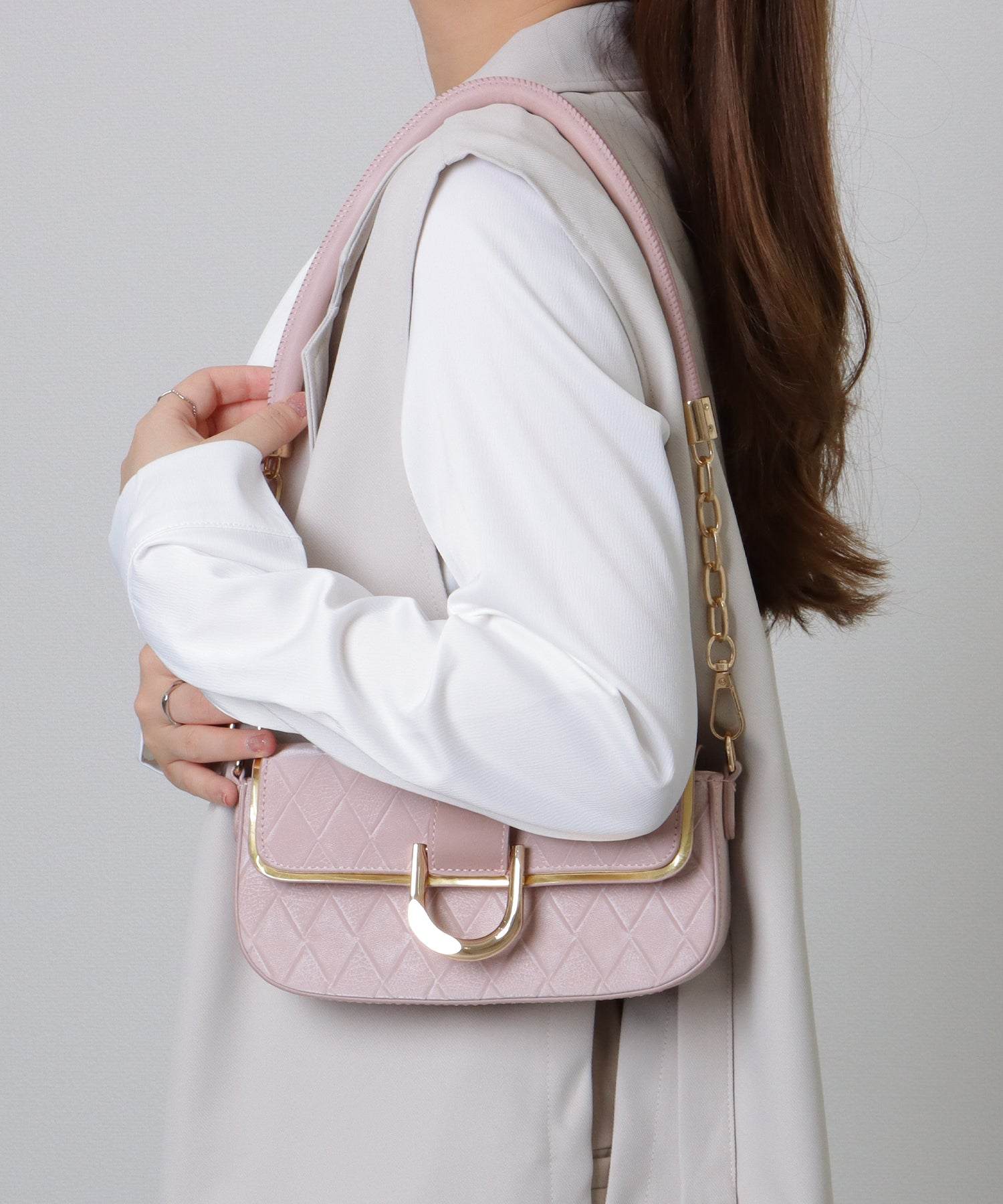 レースレディース Lace Ladies ダイヤ柄 メタリック ラウンド チェーン バッグ (アイボリー) アイボリー