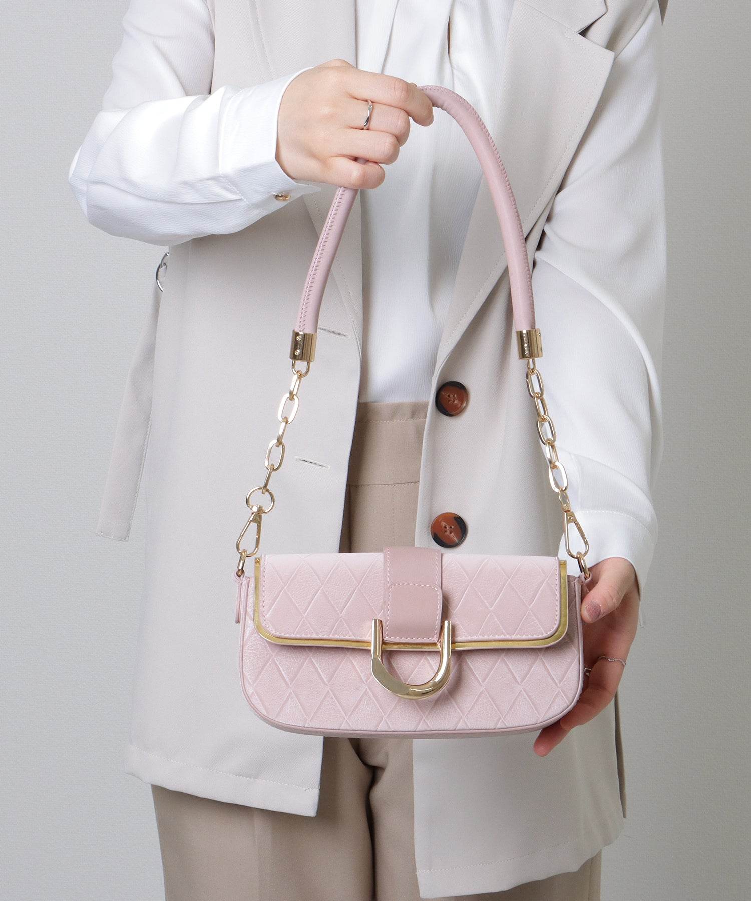 レースレディース Lace Ladies ダイヤ柄 メタリック ラウンド チェーン バッグ (アイボリー) アイボリー