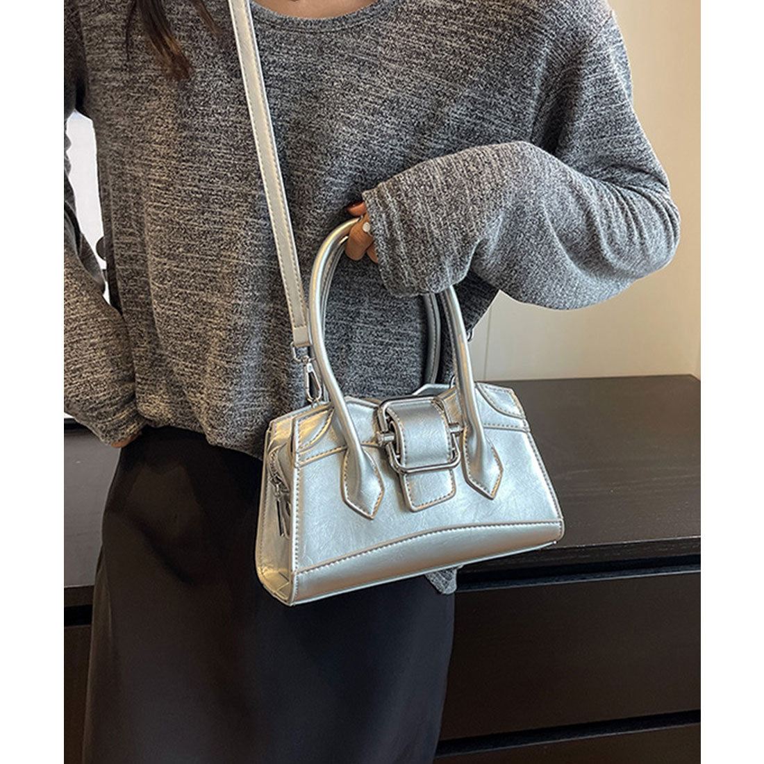 レースレディース Lace Ladies レザー調 ビッグ ベルト付き 2WAY ハンドバッグ (シルバー) シルバー