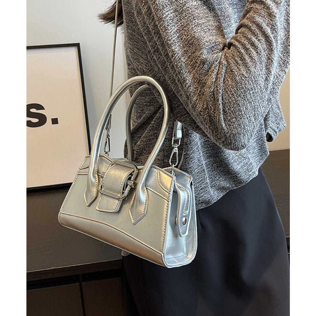 レースレディース Lace Ladies レザー調 ビッグ ベルト付き 2WAY ハンドバッグ (シルバー) シルバー