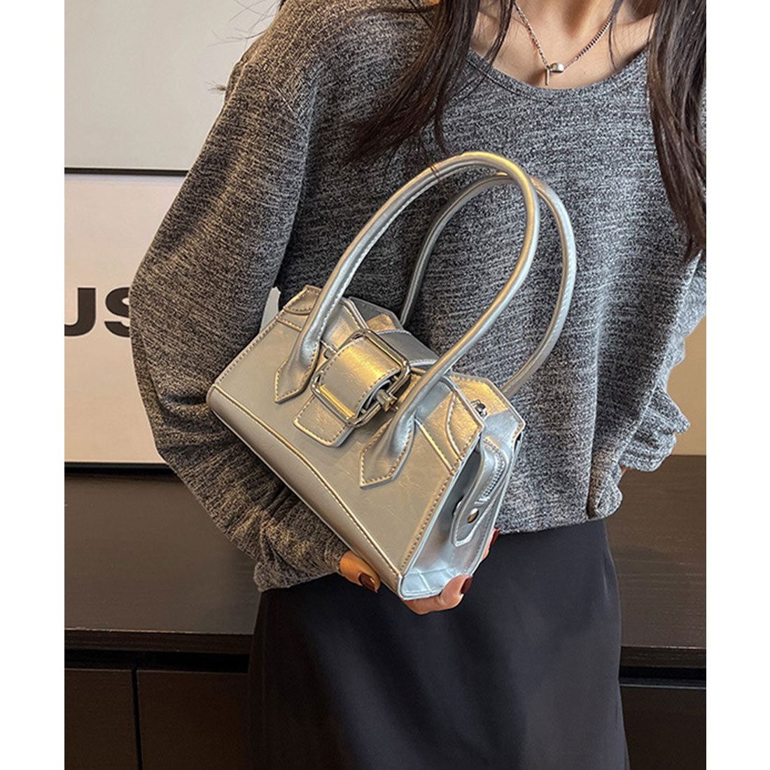 レースレディース Lace Ladies レザー調 ビッグ ベルト付き 2WAY ハンドバッグ (シルバー) シルバー