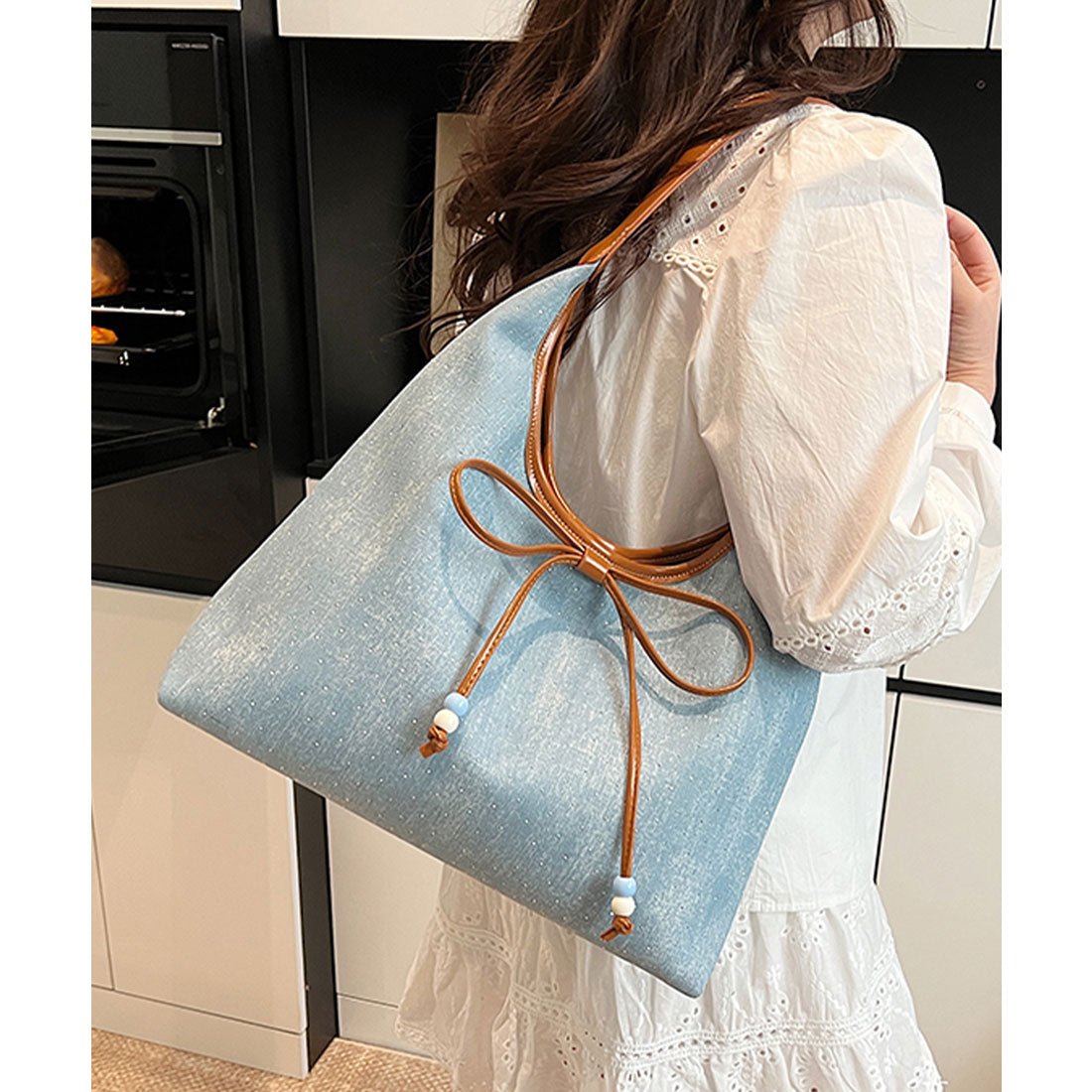 レースレディース Lace Ladies ビッグリボン レザー調 パイピング ワンショルダー トートバッグ (ライトブルー) ライトブルー