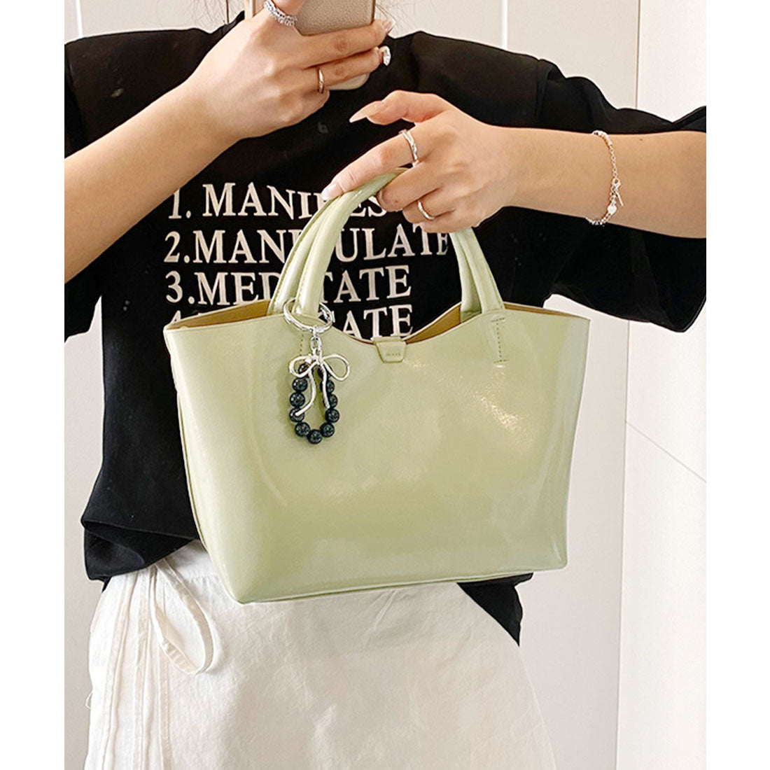 レースレディース Lace Ladies コンパクト スクエア 2WAY シンプル ショルダーバッグ (グリーン) グリーン