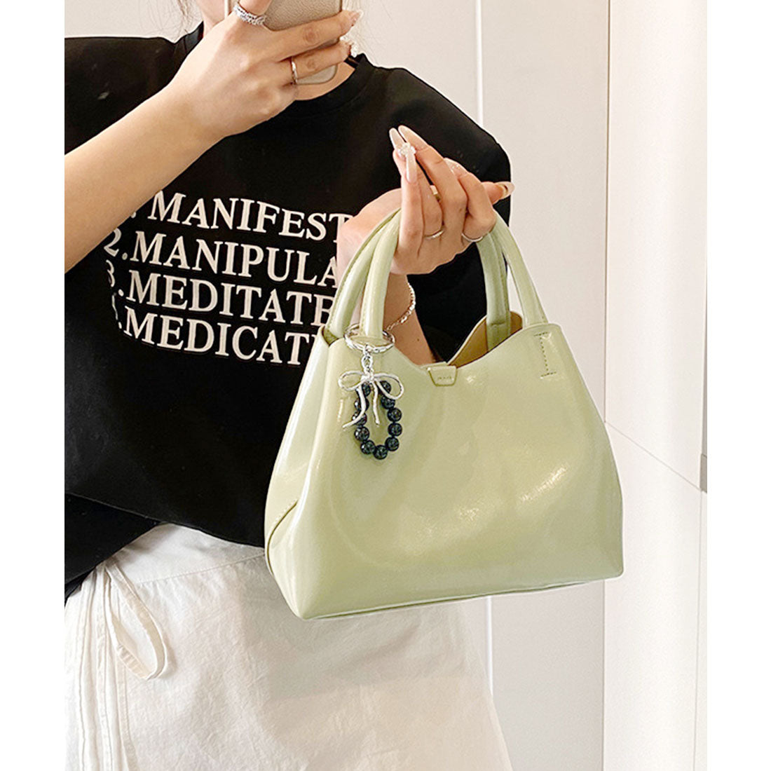 レースレディース Lace Ladies コンパクト スクエア 2WAY シンプル ショルダーバッグ (グリーン) グリーン