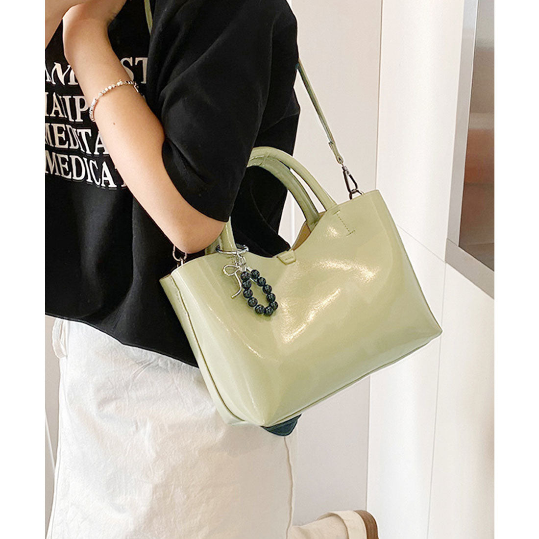 レースレディース Lace Ladies コンパクト スクエア 2WAY シンプル ショルダーバッグ (グリーン) グリーン