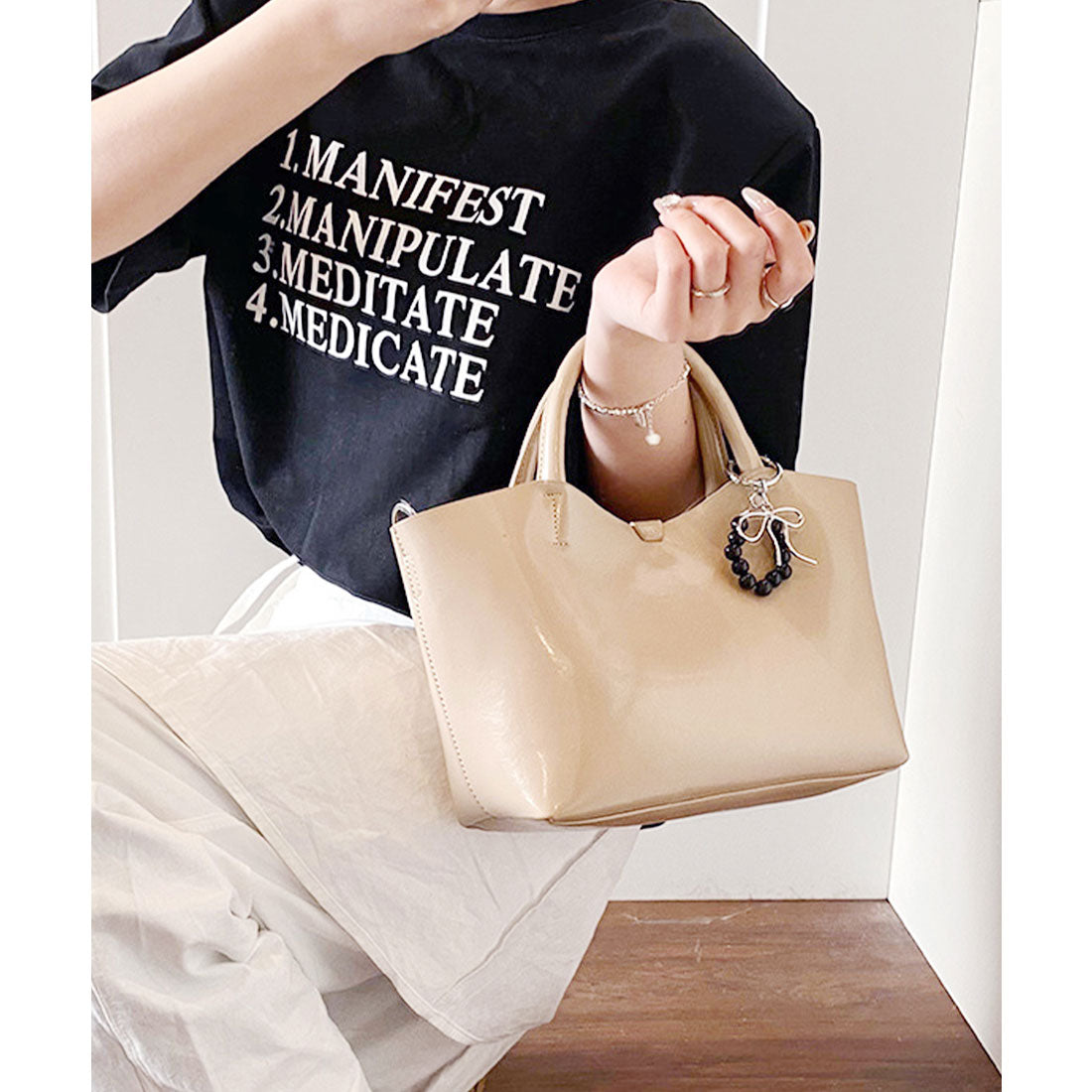 レースレディース Lace Ladies コンパクト スクエア 2WAY シンプル ショルダーバッグ (ベージュ) ベージュ