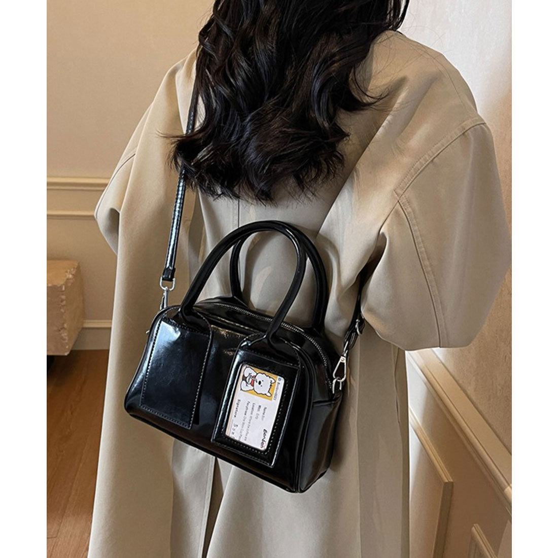 レースレディース Lace Ladies パスポケット付き レザー調 2WAY ボストン トートバッグ (ブラック) ブラック