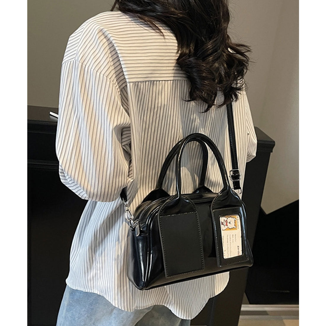 レースレディース Lace Ladies パスポケット付き レザー調 2WAY ボストン トートバッグ (ブラック) ブラック