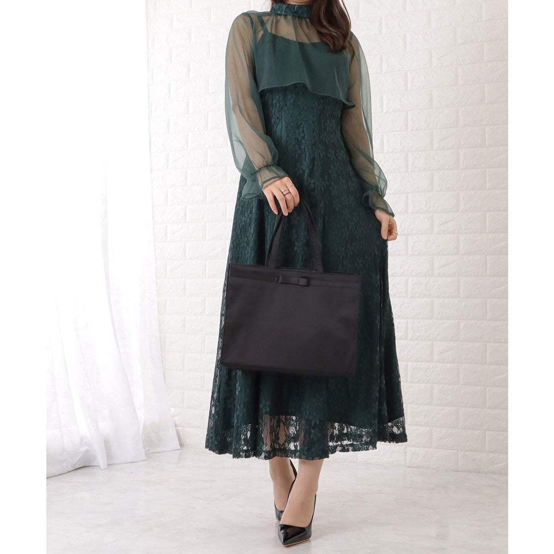 レースレディース Lace Ladies グログランリボン付きブラックトートバッグ