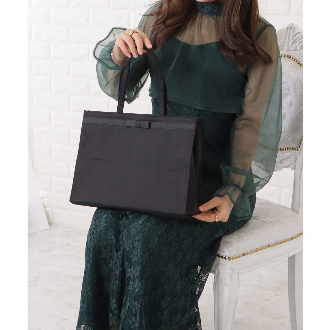 レースレディース Lace Ladies グログランリボン付きブラックトートバッグ